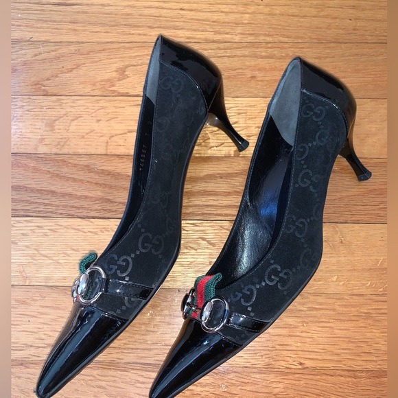 Gucci Horsebit Web Stripe GG Pump Size 7 Black Suede Pointed Toe Kitten Heel - Picture 5 of 9